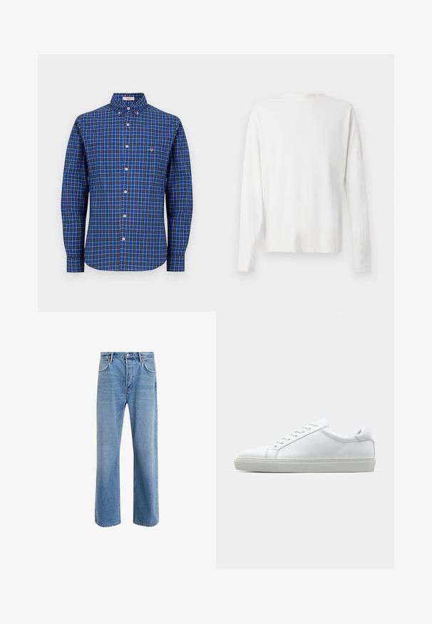 Cămașă cu mânecă lungă, cu carouri albastre, guler cu nasturi, nasturi albi și un logo mic pe pieptul stâng. Material din bumbac, croială relaxată.; Cămașă albă din bumbac cu mâneci lungi, decolteu rotund, fante pe laterale la baza, cu o textură netedă, expusă din spate.; Jeans din denim bleu deschis cu un design drept, cinci buzunare, închidere cu buton, decolorare minimă și detalii de cusătură în contrast.; Adidași albi cu o suprafață din piele netedă și un profil jos. Au un vârf rotunjit, șase orificii pentru șireturi și o talpă din cauciuc texturată.