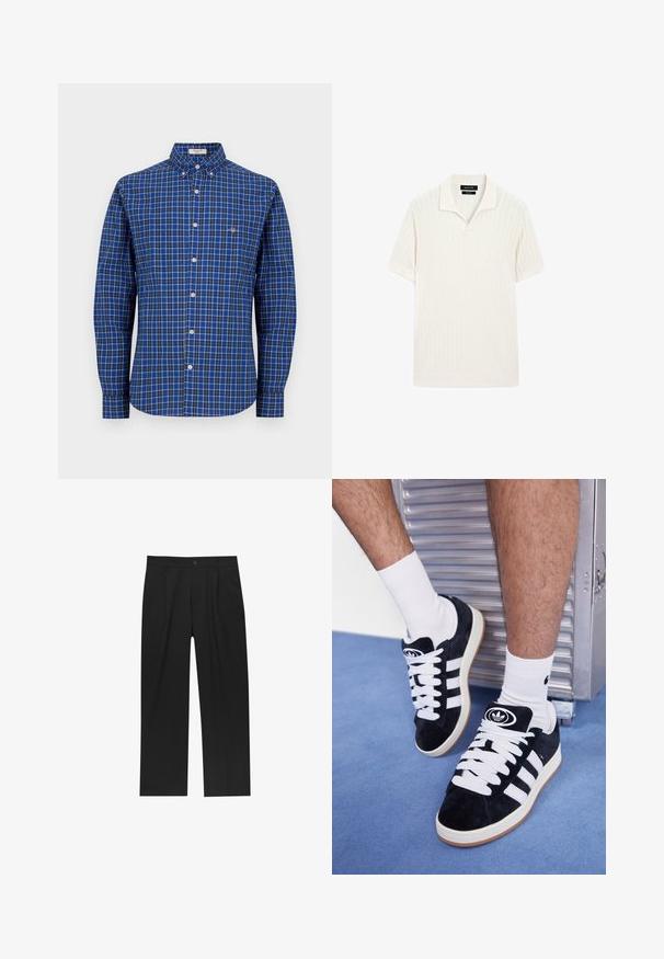 Niebieska koszula w kratę z długim rękawem, z kołnierzykiem zapinanym na guziki, białymi guzikami i małym logo na lewej piersi. Materiał bawełniany, luźny krój.; Koszulka polo z krótkim rękawem w kolorze kremowym, o ryżowym splocie i płaskim kołnierzyku. Posiada prosty dół oraz miękki materiał dla wygody.; Czarne spodnie o prostym kroju, wykonane z gładkiego materiału. Posiadają zakładki z przodu i pojedyncze zapięcie na guziki w pasie.; Czarne zamszowe sneakersy z białymi sznurówkami i trzema białymi paskami. Posiadają okrągłe czarne logo na języku i gumową podeszwę.