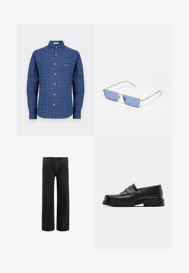 Camicia a maniche lunghe blu a scacchi con colletto a bottoni, bottoni bianchi e piccolo logo sul petto sinistro. Materiale in cotone, vestibilità rilassata.; Jeans wide-leg in denim nero con vita alta, caratterizzati da un classico design a cinque tasche e da un leggero sbiadimento per un aspetto testurizzato.; I mocassini in pelle nera presentano una cucitura sollevata, due fasce decorative sulla parte superiore e una suola spessa e texture per una maggiore aderenza.; Occhiali da sole in metallo con forma rettangolare, lenti colorate di blu e montatura argentata. Presentano naselli e gambe sottili e dritte.