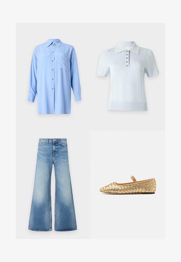 Világoskék, hosszú ujjú ing, gombos gallérral, egyetlen mellzsebbel és sima textúrájú anyaggal; hasonló gombokkal ellátva.; Világoskék, rövid ujjú poloing bordázott textúrával, lapos gallérral és elülső gombolással, hat azonos gombbal.; Világoskék farmer, harangszárú nadrág, magas derékkal, öt zsebes kialakítással, visszafogott kopással és varrott márkalogóval a hátsó zseb felett.; Loeffler Randall LEONIE SOFT BALLET FLAT - Bokapántos balerina cipők - gold