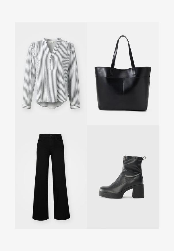 Weißes Langarmhemd mit marineblauen vertikalen Streifen, ausgestattet mit einem Knopfleisten-Ausschnitt, Knopfverschluss und abgerundetem Saum. Hergestellt aus leichtem Stoff.; Schwarze weit geschnittene Hose aus Denim, mit einem strukturierten Bund, Gürtelschlaufen und Fronttaschen. Glatte Textur mit klassischem Design.; Schwarze Stiefeletten aus glattem Leder mit seitlichem Reißverschluss, klobigem strukturiertem Absatz und runder Zehenform.; Schwarze Leder-Shopper-Tasche mit zwei langen Griffen, einer glatten Textur und einer strukturierten Form. Verfügt über eine Vordertasche für zusätzlichen Stauraum.