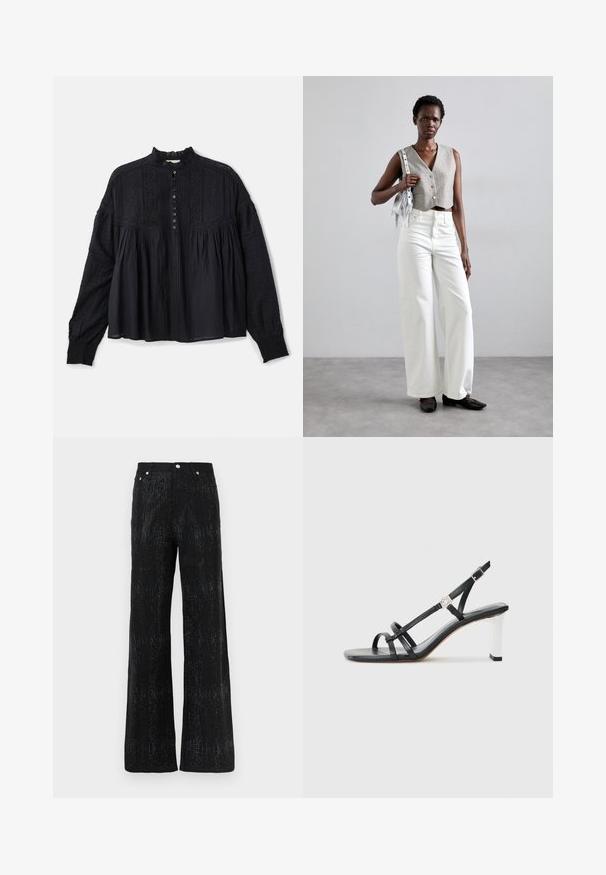 Vanessa Bruno DAHLIA - Bluse - noir; Schwarze weit geschnittene Hose mit strukturiertem Obermaterial, das ein schimmerndes Muster aufweist. Abgeschlossen mit einem Standardbund und Metallknopf-Akzenten.; Schwarze High-Heelsandalen mit mehreren schmalen Riemen, im Slingback-Design und einem silbernen Akzent an der Ferse. Glattes Obermaterial und blockförmige Ferse.; Grauer, verkürzter Weste mit Knöpfen, kombiniert mit weißen, weit geschnittenen Jeans und schwarzen flachen Schuhen. Ergänzt durch eine kleine silberne Fransenhandtasche.