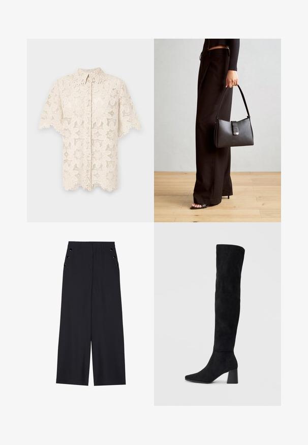 Krajková blúzka v smotanovej farbe, s kvetinovými háčkovanými vzormi, golierom, krátkymi rukávmi a detailmi s vlnkovaným lemom. Zapínanie na gombíky vpredu.; Široké nohavice z tmavomodrého materiálu s hladkou textúrou, prednými skladmi a ozdobnými zlatými očkami na bočných vreckách.; Čierna semišová kozačka po kolená s blokovým podpätkom, špicatou špičkou a hladkým, bezšvovým dizajnom na jednoduchom svetlom pozadí.; Čierna kabelka so štruktúrovaným tvarom, hladkou textúrou a kovovou sponou. V kombinácii so širokými čiernymi nohavicami a sandálmi s otvorenou špičkou na drevenej podlahe.