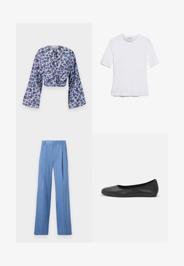 Zkrácená blůza z lehké, průsvitné tkaniny s modrým květinovým vzorem. Má dlouhé, rozšířené rukávy a zkroucený přední design.; Bílá tričko s krátkým rukávem vyrobené z žebrované tkaniny. Kulatý výstřih, normální střih a jemné detaily šití. Bez vzorů nebo grafik.; Světle modré široké kalhoty s vertikálními bílými pruhy. Vyrobené z hladkého materiálu, s předním záhybem a čistým designem pasu.; Černé kožené baletní byty s kulatou špičkou, hladkou texturou, minimálními švy a flexibilním designem podrážky.