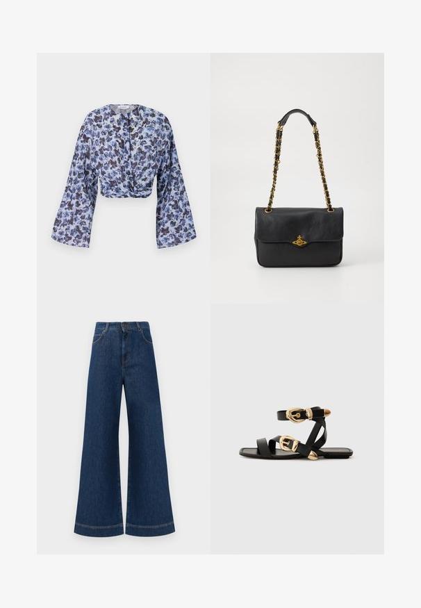 Lühikeste varrukatega kerge, läbipaistvast kangast top sinise lillemustriga. Omab pikki, laienevaid varrukaid ja keeratud esiosa disaini.; Laia siniste denim pükste suur jalg, kõrge vöökoht, nupuga kinnitamine, vöökohad ja peened õmblusdetailid taskute ja äärte ääres.; Mustad nahast sandaalid kuldsete pandlitega, millel on mitmed rihmad ja lame talladisain avatud varba jaoks.; Mustast nahast kott, millel on ülevalt klapp, kuldse tooniga ahel rihm ja logo detail ees. Sile tekstuur.