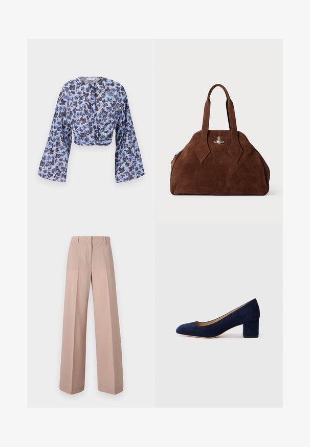 Krótkie bluzki wykonane z lekkiego, przezroczystego materiału w niebieski kwiatowy wzór. Posiada długie, rozszerzane rękawy i skręcony przód.; Szerokie spodnie w miękkim różowym materiale, z płaskim przodem, paskiem wyposażonym w szlufki oraz gładką teksturą.; Granatowe zamszowe szpilki z ostrym noskiem i średniej wysokości blokowym obcasem. Gładka tekstura z subtelnym połyskiem i małym wycięciem z przodu.; Brązowa torebka z zamszu o usztywnionym kształcie, zaokrąglonym korpusie i wydłużonych uchwytach w kształcie diamentu. Charakteryzuje się srebrnym zamknięciem.