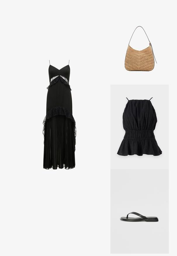 Black sleeveless top made of textured fabric, featuring a gathered bodice and flared hem. Thin straps extend from the neckline.; Black maxi dress with spaghetti straps, lace accents, layered ruffles at the waist, and a pleated skirt. Smooth texture, elegant silhouette.; Black flip-flop made of smooth leather, featuring a thin strap design and a flat sole with a minimal profile. No notable patterns or accents.; Woven straw shoulder bag with a curved shape, featuring a dark leather strap and a textured surface with a chevron pattern.