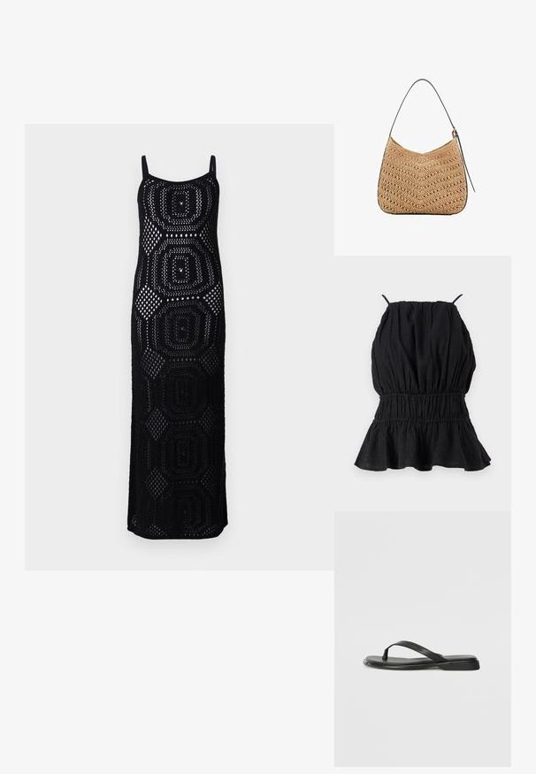 Čierny top bez rukávov vyrobený z textúrovanej tkaniny, s riasenou sukňou a rozšíreným lemom. Tenké ramienka vychádzajú z výstrihu.; Čierna maxi šaty z háčkovania s priliehavou siluetou, so geometrickými vzormi a otvorenými tkaninami. Nastaviteľné popruhy a rovný výstrih.; Čierne šľapky vyrobené z hladkej kože, s tenkým pásikom a plochou podrážkou s minimalistickým profilom. Bez výrazných vzorov alebo akcentov.; Tkaná slamenná ramenná taška s zakriveným tvarom, vybavená tmavou koženou rukoväťou a textúrovaným povrchom s vzorom v tvare chevron.