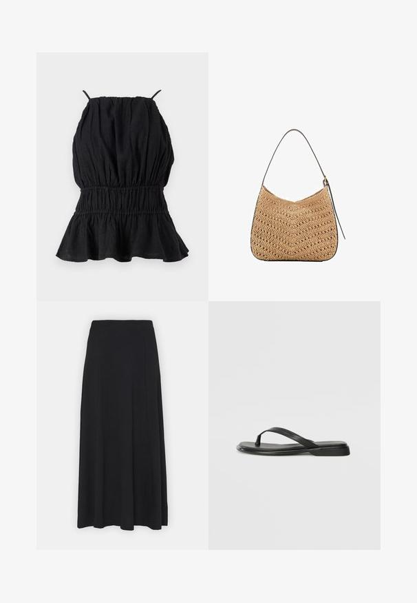 Top sans manches noir en tissu texturé, avec un buste froncé et un ourlet évasé. Des bretelles fines s'étendent du décolleté.; Jupe maxi de couleur noire unie. Design évasé avec une texture lisse et une taille élastique. Aucune imprimé ni accent visible.; Tongs noires en cuir lisse, avec un design de sangle fine et une semelle plate à profil minimal. Aucun motif ou accent notables.; Sac en paille tissé à la forme incurvée, avec une sangle en cuir noir et une surface texturée avec un motif en chevrons.; Des boucles d'oreilles en or, présentant des formes texturées irrégulières, ornées de pierres précieuses vertes et de perles blanches, fixées avec des fermoirs clip-on.
