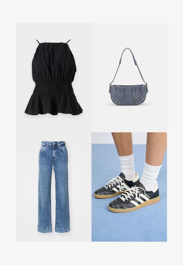Top fără mâneci, negru, realizat dintr-un material texturat, cu un corset plisat și un tiv evazat. Bretele subțiri pornesc de la decolteu.; Jeans din denim albastru deschis, cu picior larg și talie înaltă, având buzunare frontale și detalii cusute. Funda este ruloyată și coasă.; Adidași din piele neagră cu dungi albe, vârful rotund, șireturi albe și talpă din cauciuc natural. Accentuați de un guler căptușit și detalii de brand.; Geantă de umăr din denim cu un design plisat, culoare albastră, accente cu bolțuri argintii pe margini și o curea texturată.