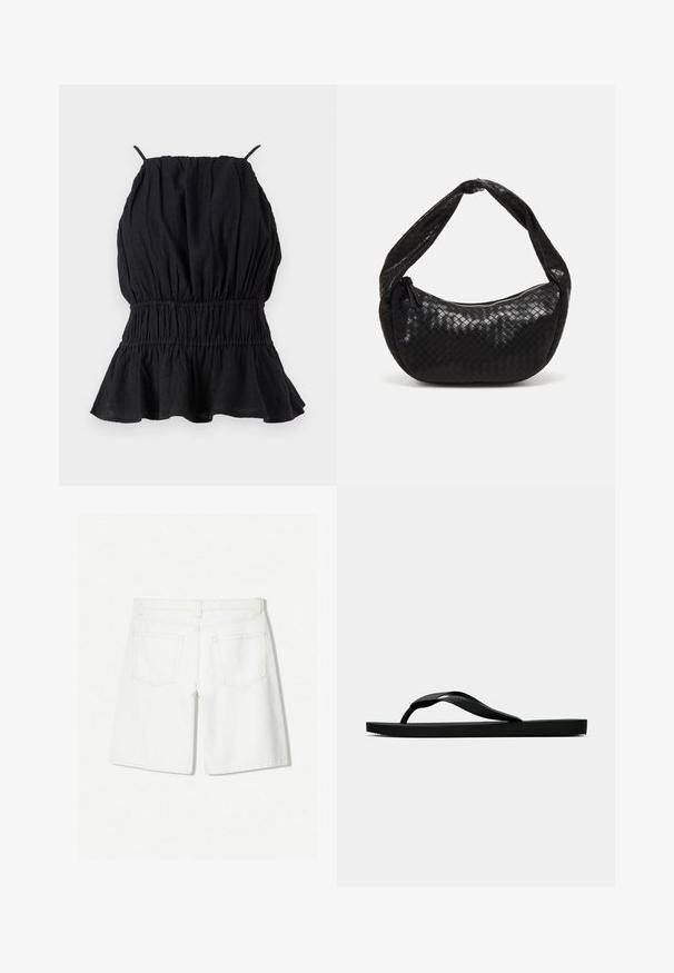 Top senza maniche nero realizzato in tessuto testurizzato, con un corpetto arricciato e un orlo svasato. Sottile spalline si estendono dalla scollatura.; Shorts in denim bianco con un design a taglio dritto, caratterizzati da una vita alta, due tasche posteriori e una leggera rifinitura con cuciture.; Infradito in gomma nera con cinturino testurizzato e suola piatta semplice, mostrati di lato su uno sfondo chiaro e uniforme.; Borsa a tracolla in pelle intrecciata nera con forma curvata, dotata di una maniglia spessa e chiusura con zip. Superficie testurizzata con finitura lucida.