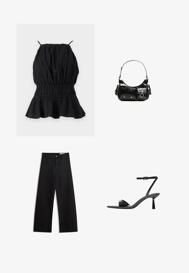 Crni top bez rukava od teksturiranog materijala, s naboranom bustierom i lepršavim rubom. Tanke naramenice izlaze iz izreza.; Crne široke traperice s visokim strukom, s prednjim i stražnjim džepovima, šivenim šavovima i kopčanjem na gumb. Glatka tekstura.; Bershka Sandale s visokom petom - black; Crna patentna kožna torba s zakrivljenim oblikom, jednim remenom za rame, prednjim džepovima i akcentima od srebrnog tona.