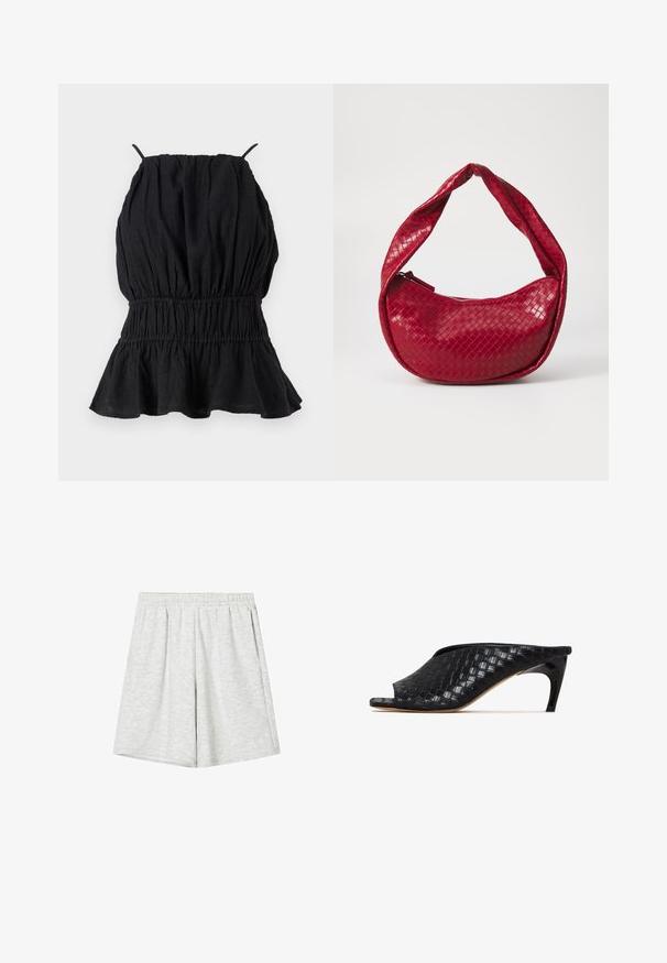 Fekete ujjatlan felső, textúrált anyagból, összegyűrt felsőrésszel és bővülő aljjal. Vékony pántok sávban indulnak a nyakkivágástól.; Világosszürke sportnadrág puha anyagból, rugalmas derékpánttal, laza szabással és finom textúrával. Nincsenek látható minták vagy kiegészítők.; Fekete szőtt mules nyitott orral és kecses, ívelt sarokkal. Az anyag fényes felületű, strukturált, kockás mintával.; Piros, szövéssel készült bőr kézitáska ívelt, párnázott fogantyúval, cipzáras záródással és texturált felülettel, amelyen ragyogó fényesség található.