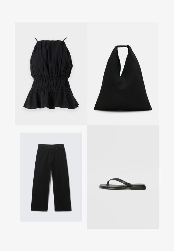 Zwart mouwloos topje van textuurstof, met een geplooid lijfje en een uitlopende zoom. Dunne bandjes lopen vanaf de halslijn.; Zwarte wijdvallende broek van denim, met een klassieke vijf-pocketontwerp en een gestructureerde tailleband met riemlussen.; Zwarte teenflip-flop van glad leer, met een dunne band en een platte zool met een minimalistisch profiel. Geen opvallende patronen of accenten.; Zwart stoffen draagtas met een uniek V-vormig ontwerp en een gladde textuur. Voorzien van een korte handgreep met minimalistische hardware-details.