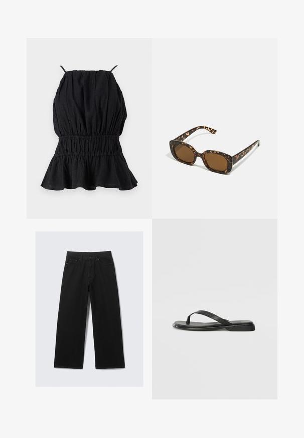 Svart ermeløs topp laget av teksturert stoff, med en innsamlet bodice og utsvingt kant. Tynne stropper strekker seg fra halsen.; Sorte vide benbukser laget av denim, med et klassisk fem-lommers design og en strukturert linning med beltehemper.; Sorte flip-flop laget av glatt lær, med en tynn stroppdesign og en flat såle med et minimalistisk utseende. Ingen bemerkelsesverdige mønstre eller aksenter.; Skilpaddeskall solbriller med en rund, kraftig ramme og brune linser. Har subtile mønstre og rett, avsmalnende armer.
