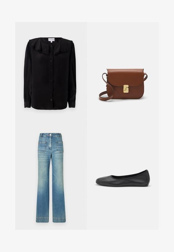 Μαύρη μπλούζα με μακριά μανίκια, με ρυγματιστό γιακά, κουμπιά μπροστά και στενά μανίκια. Κατασκευασμένη από λεία ύφασμα με διακριτική γυαλάδα.; Άσπρο κοντομάνικο μπλουζάκι φτιαγμένο από ριγέ ύφασμα. Στρογγυλή λαιμόκοψη, κανονική εφαρμογή και διακριτές λεπτομέρειες ραφής. Χωρίς σχέδια ή γραφικά.; Ανοιχτό μπλε τζιν παντελόνι σε καμπάνα με πέντε τσέπες, θηλιές για ζώνη, κούμπωμα με κουμπί και ελαφρώς ξεθωριασμένη υφή, με λεπτομέρεια κόκκινου λογότυπου στην πίσω πλευρά.; Μαύρο δερμάτινο μπαλαρίνι με στρογγυλή μύτη, λεία υφή, ελάχιστες λεπτομέρειες ραφής και σχεδίαση ευέλικτης σόλας.; Καφέ δερμάτινη τσάντα χειρός με κλείσιμο καπάκι, χρυσές λεπτομέρειες, ιμάντα ώμου και λεία υφή. Συμπαγές ορθογώνιο σχήμα.