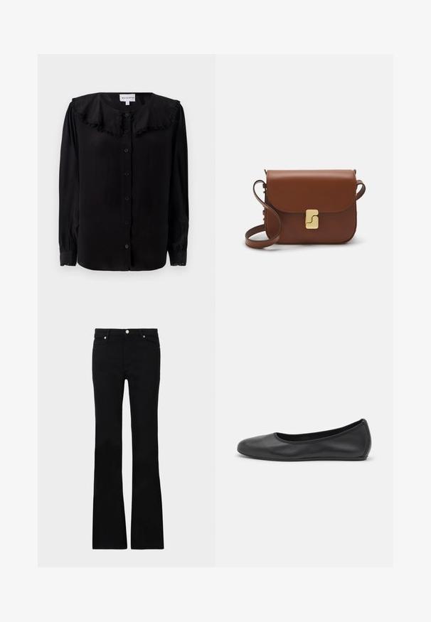 Mustan pitkähihainen paita, jossa on röyhelökaulus, etunapit ja kavennetut hihansuut. Valmistettu sileästä kankaasta, jossa on hieno kiilto.; Valkoinen lyhythihainen t-paita, joka on valmistettu ribbytedusta kankaasta. Pyöreä pääntiie, normaali istuvuus ja hienovaraiset ompeluyksityiskohdat. Ei kuvioita tai grafiikkaa.; Mustat levenevät farkut, valmistettu denimi- materiaalista, varustettu kahdella etutaskulla, napin sulkimella ja sileällä pinnalla. Alussa näkyviä erityisompeleita.; Musta nahkainen ballerina, jossa on pyöristetty kärki, sileä pinta, minimaalinen ommelkoristelu ja joustava pohjamuotoilu.; Ruskea nahkainen käsilaukku, jossa on läppäkiinnitys, kultasävyiset yksityiskohdat, olkahihna ja sileä pinta. Kompaktin suorakaiteen muotoinen.