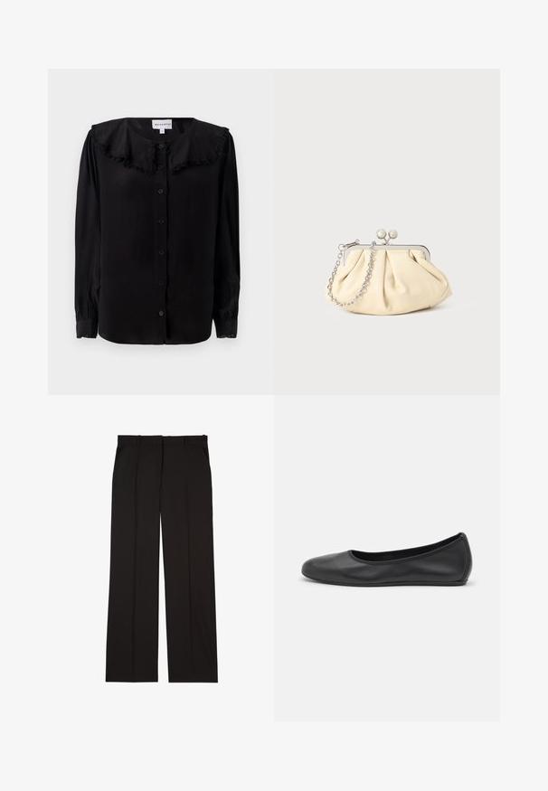 Black long-sleeve blouse with a ruffled collar, front buttons, and tapered cuffs. Made from a smooth fabric with a subtle sheen.; Black tailored trousers made of a smooth fabric, featuring a straight-leg design, and two side pockets. Elegant and minimalistic construction.; Black leather ballet flat with a rounded toe, smooth texture, minimal stitching detail, and a flexible sole design.; Pleated beige leather clutch with a silver metal frame, featuring two round decorative clasps and a silver chain strap.