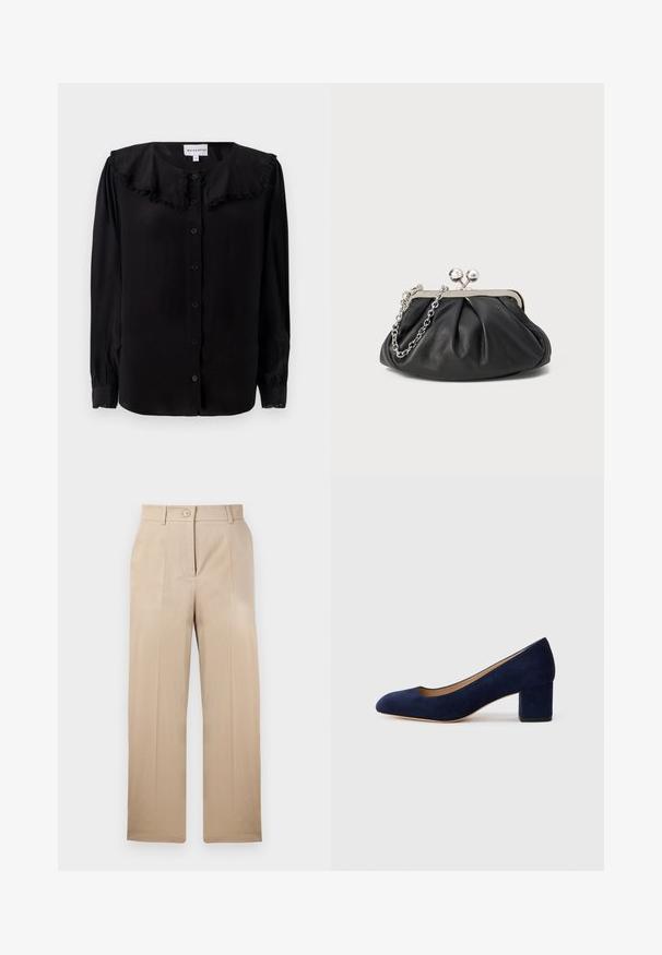 Svart långärmad blus med en volangkrage, framknäppning och smala manschetter. Tillverkad av ett mjukt tyg med en subtil lyster.; Beiga byxor med rak passform, tillverkade av ett mjukt tyg. Har en enda knappstängning och två framfållar. Standard midjedesign.; Mörkblå mockapumps med spetsig tå och medelhög blockklack. Slät textur med en subtil glans och en liten utskärning framtill.; Svart läderclutch med rynkad struktur, silverfärgad metallram, lås med kysslås och kedjesnodd. Slät, mjuk yta.
