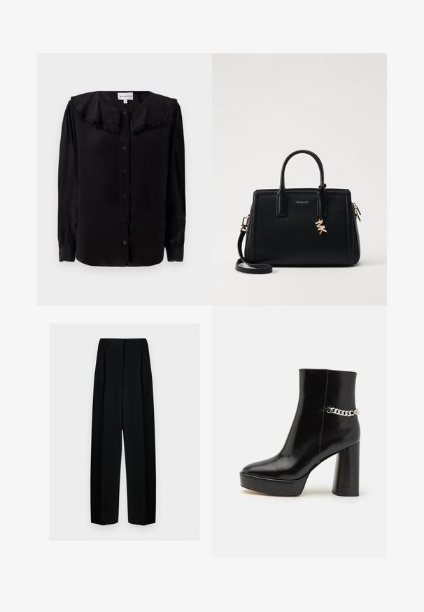 Mustan pitkähihainen paita, jossa on röyhelökaulus, etunapit ja kavennetut hihansuut. Valmistettu sileästä kankaasta, jossa on hieno kiilto.; Mustat leveät housut korkealla vyötäröllä, joissa on laskokset ja sileä pinta. Kangas näyttää kevyeltä ja laskeutuu kauniisti.; Musta kiiltävä keinonahkasaapas nilkkapituisena, jossa on jykevä pohja ja korkea paljekorko. Sivussa on hopeinen ketjuviimeistely. Sileä pinta.; Musta nahkalaukku, jossa on jämäkkä muotoilu, kaksinkertaiset ylätangot, irrotettava olkahihna, kultalevjät ja logokoru koristeena.