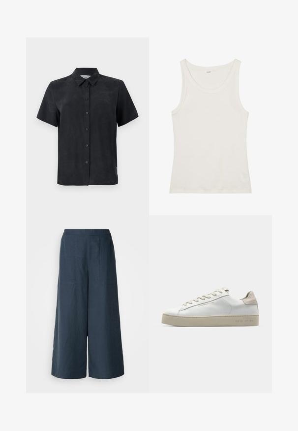 Short-sleeved, collared shirt in black, made of soft fabric. Features five front buttons and a small tag on the side.; White cotton tank top with a wide neckline and thin shoulder straps. Smooth texture with no visible patterns or embellishments.; Wide-leg trousers in navy blue, made from lightweight fabric. Features a slightly textured surface, elastic waistband, and front seams.; White leather sneaker with a smooth finish, beige suede accents, round toe, flat lace-up design, and a textured rubber sole.