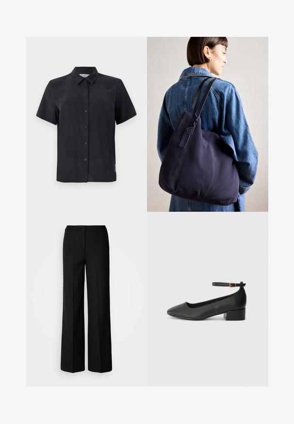 Kratkih rukavov, ovratnička srajca v črni barvi, izdelana iz mehkega materiala. Ima pet sprednjih gumbov in majhno oznako na strani.; Črne široke hlače iz gladkega materiala, z visokim pasom, krojenimi šivi in minimalističnim dizajnom. Brez vidnih zakov ali žepov.; Črne usnjene pumpice z nazobčanimi prsti in nizko blokasto peto. Imajo trak okoli gležnja z zaponko v zlatem tonu. Gladka tekstura.; Modra platnena torba za ramo s meko, strukturirano obliko, opremljena s črnim trakom, šivanjem in majhno oznako blagovne znamke.