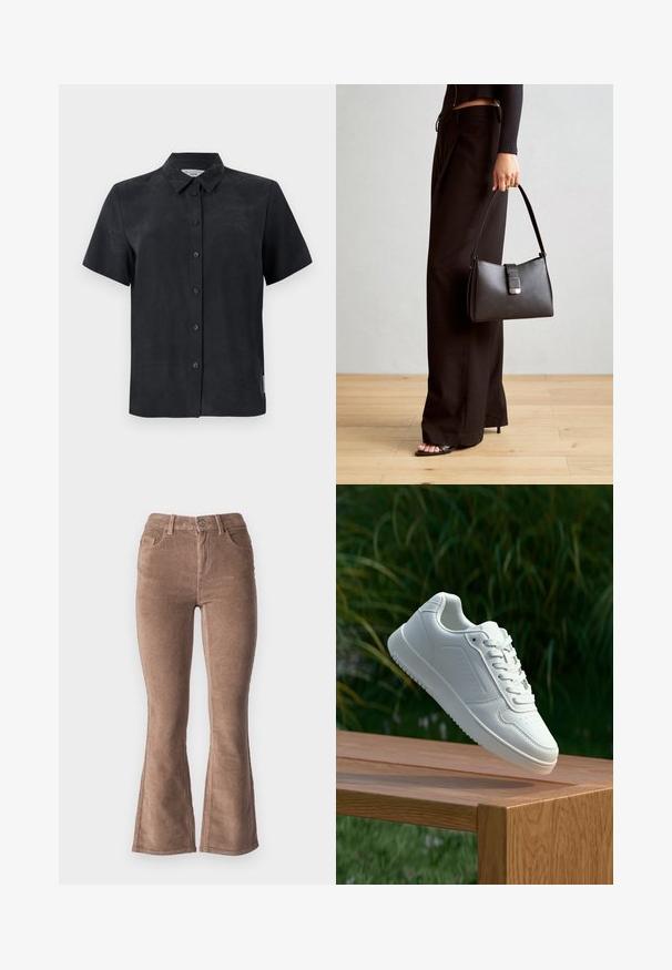 Lühiade varrukatega must särk, valmistatud pehmest kangast. Omab viit nööpi ees ja väikest sildi küljes.; Pruunid nõelrätikust laiad püksid ribakujulise tekstuuriga, kõrge vöökoht, viis taskut ja ees olev nööp kinnitamine.; Valged sneakerd, millel on sile sünteetiline ülemine osa, väikeste aukudega varvaskast, lamedad paelad ja tekstuuriga tald, eksponeeritud puidust pinnal.; Must musta kott, millel on struktureeritud kuju, sile tekstuur ja metallist klamber. Kombineeritud laiate mustade pükstega ja avatud varvaste sandaalidega puidust põrandal.