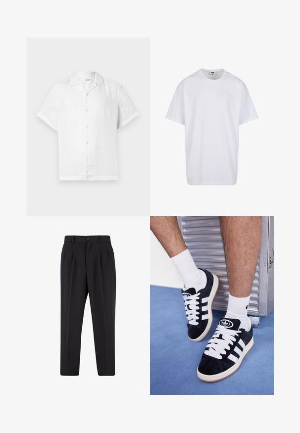 Biele ľanové tričko s krátkymi rukávmi, golierom a piatimi svetlými gombíkmi vpredu; hladká textúra a voľný strih.; Biela bavlnená tričko s krátkymi rukávmi, okrúhlym výstrihom, uvoľneným strihom a žiadnymi viditeľnými logami alebo vzormi. Hladká textúra a minimálny dizajn.; Čierne nohavice s plisovaným predným dizajnom, vyrobené z hladkej látky. Majú zapínanie na gombík a pútka na opasok; rovný strih.; Čierne semišové tenisky s bielymi šnúrkami a tromi bielymi pruhmi. Obsahujú kruhové čierne logo na jazyku a gumovú podrážku.