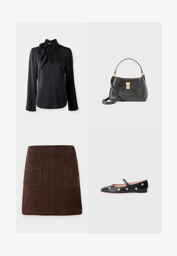 Schwarze Bluse mit langen Ärmeln aus glatter Stoffqualität, mit V-Ausschnitt und einer gebundenen Kragenverzierung. Besitzt einen geraden Schnitt und dezente Nähte.; Brauer Wildlederrock im klassischen A-Linien-Schnitt, mit zwei vorderen Taschen mit abgerundeten Klappen und dezenten Nähten.; Schwarze Leder-Mary-Jane-Ballenflats mit runder Zehenform, ausgestattet mit silbernen runden Nieten und einem verstellbaren Riemen mit Schnalle.; Schwarze Lederhandtasche mit strukturiertem Finish, mit einem goldenen Schlossverschluss, kurzen Tragriemen und einem abnehmbaren Schulterriemen.