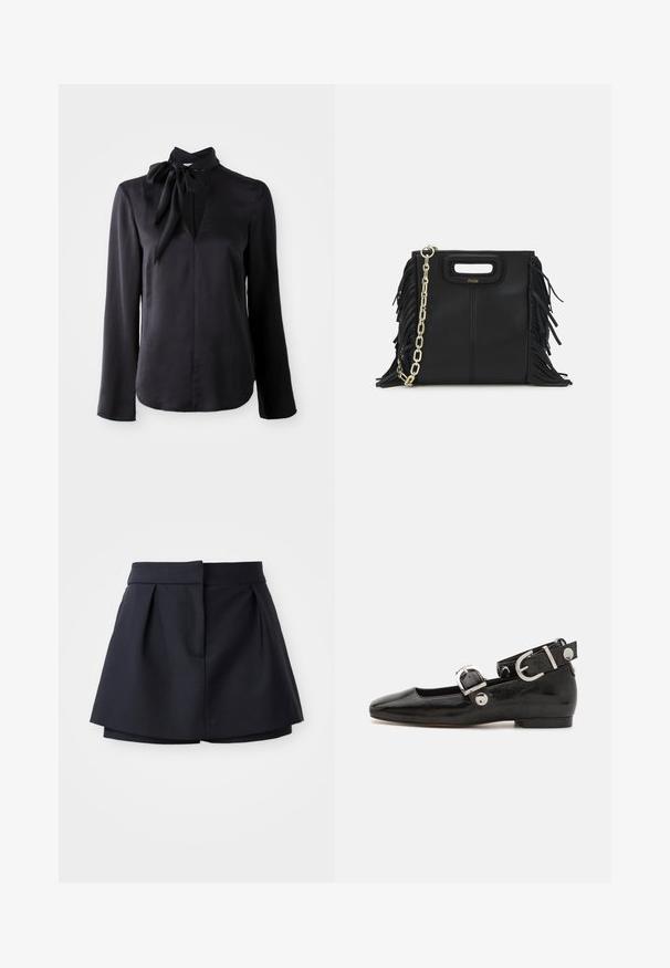 Juoda ilgomis rankovėmis bliuska iš lygios medžiagos su V formos iškirpte ir surišamu apykaklės detalė. Turi tiesų kirpimą ir subtilius siuvinėjimo akcentus.; Jūriniai klostuoti šortai su aukštu liemeniu, pagaminti iš lygaus audinio. Turi prigludusią konstrukciją ir paslėptą priekinių kišenę.; Juodas lakinės odos plokščias batelis su kvadratiniu pirštu, kulkšnies dirželiu su sidabro detalėmis ir plokščiu padu. Sklandus paviršius su minimalistišku dizainu.; Juodas odinis rankų darbo rankinys su frinzuotomis detalėmis, auksine grandinės petneša ir išpjauto dizaino rankena. Pirmoje pusėje yra logotipo vieta.