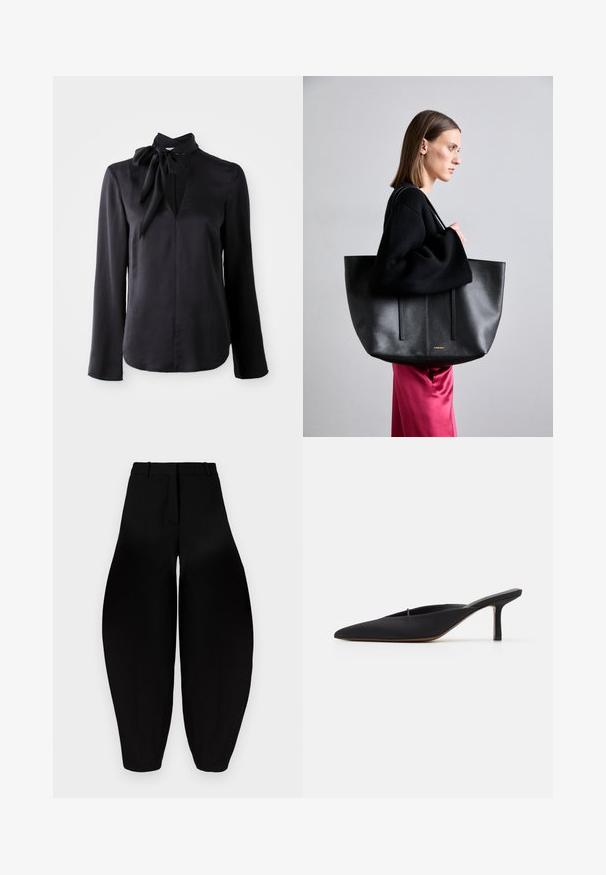 Black long-sleeve blouse in smooth fabric with a V-neck and a tied collar detail. Features straight cut and subtle stitching accents.; Black wide-leg trousers with a high waist, pleated front, and tapered ankles. Made from smooth fabric with a matte finish.; Black pointed-toe mule with a sleek design, made of smooth fabric, featuring a slender heel and open back for easy wear.; Black leather tote bag with a textured finish, featuring two vertical lines, dual shoulder straps, and a minimalist design.