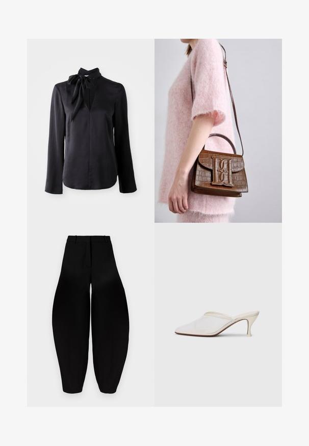 Sort langærmet bluse i glat stof med V-udskæring og en bundet kragedetalje. Har lige snit og subtile stikninger.; Sorte vidde bukser med høj talje, plisseret front og smalnende ankler. Fremstillet af glat stof med mat overflade.; Hvide mesh spidse mule-sko med en slank hæl i mellem højde og slip-on design mod en ensfarvet baggrund.; Brun håndtaske med krokodillepræg, med et topgreb og skulderrem. Har et fremtrædende logo på frontklaffen. Blød tekstur.