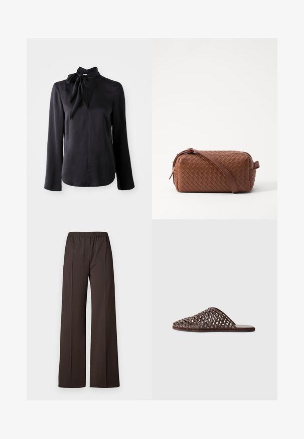 Black long-sleeve blouse in smooth fabric with a V-neck and a tied collar detail. Features straight cut and subtle stitching accents.; Wide-leg trousers in dark brown fabric with an elastic waistband, featuring a smooth texture and clean lines for a tailored look.; Brown woven slide sandal with a rounded toe, open design, flat sole, and textured surface. Lightweight material and minimalist silhouette.; Brown woven leather bag with a rectangular shape, smooth texture, zip closure, and a shoulder strap. Features side handle and gold accents.