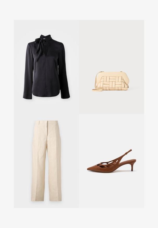 Black long-sleeve blouse in smooth fabric with a V-neck and a tied collar detail. Features straight cut and subtle stitching accents.; Beige linen trousers with a loose fit, pleated front, and straight legs. Features a waistband with belt loops and no visible pockets.; Brown leather slingback heel with a pointed toe, cut-out design, and stitched detailing. Features a slender heel and adjustable strap.; Woven beige handbag with a structured design, featuring a smooth top and a long strap. Textured detailing enhances the overall appearance.