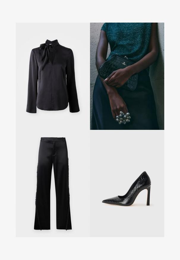 Fekete, hosszú ujjú blúz sima anyagból, V kivágással és megkötős gallér részlettel. Egyenes szabású és finom varrási díszítéssel rendelkezik.; Fekete selyem nadrág, széles szárakkal, oldalsó varrásain frufru részletekkel és lapos elülső derékrészes. Egyszerű hátul zsebek nélkül.; Fekete hegyes orrú magassarkú cipő krokodilbőr textúrával, letisztult dizájnnal, magas tűsarkú és sima fekete belső résszel.; Fekete krokodilbőr mintázatú válltáska ezüst hardware-rel, egy texturált szürke háttér előtt tartva. Fényes felülettel rendelkezik.