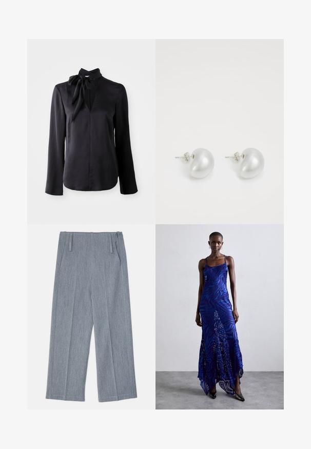 Black long-sleeve blouse in smooth fabric with a V-neck and a tied collar detail. Features straight cut and subtle stitching accents.; Light gray, wide-leg trousers made of textured fabric, featuring two front pleats and two side pockets. Clean, tailored design.; Blue and purple animal print maxi dress with thin straps, a fitted bodice, flared hem, and sheer overlay detailing.; Silver pearl earrings with a curved, bean shape. Smooth, shiny surface and secured with a post and back closure.