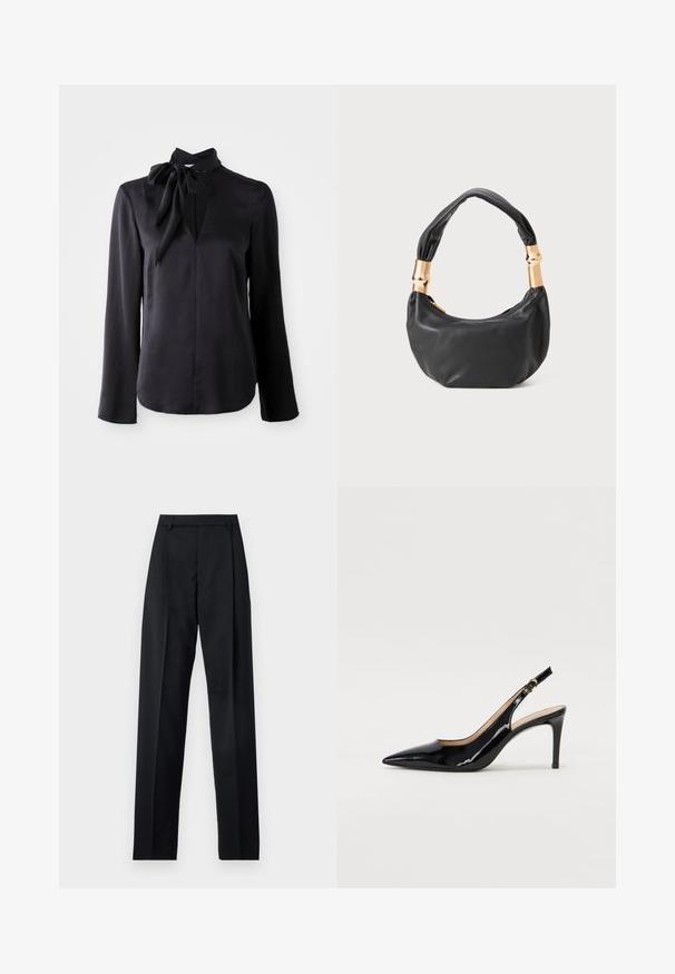 Fekete, hosszú ujjú blúz sima anyagból, V kivágással és megkötős gallér részlettel. Egyenes szabású és finom varrási díszítéssel rendelkezik.; Fekete nadrág sima anyagból, magas derékkal, széles lábakkal, elülső redőkkel és klasszikus övhurkokkal. Oldalzsebek nem láthatók.; Fekete lakk bőr kötött magassarkú cipő, hegyes orral és karcsú sarokkal, finom kivágásos dizájnnal. Az övön arany csatt található.; Fekete bőr kézitáska kerek formával, puha textúrával és csomózott fogantyúval, aranyszínű fém díszítéssel. Cipzáras záródás.