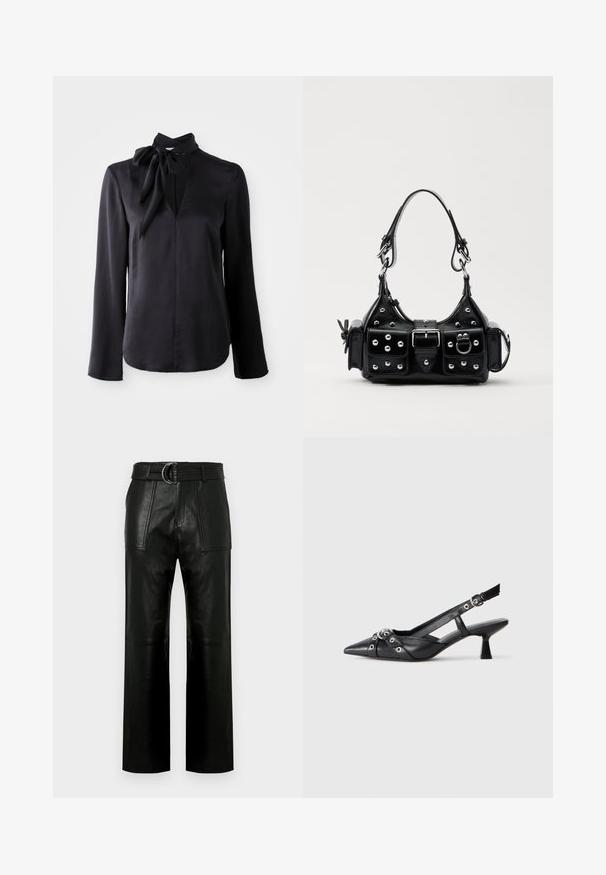 Melna garām piedurknēm blūze gludā audumā ar V veida kakla izgriezumu un sasietu apkakles detaļu. Iezīmē taisnu griezumu un smalkus šuvumu akcentus.; Augstās jostas melni ādas bikses ar plašām kājām, lielām priekšējām kabatām un atbilstošu jostu ar dubultā gredzena sprādzi.; Melnas ādas šlipsveida kurpes ar norādītu purngalu, dekoratīvām joslām ar metāla acīm un zemu bloku papēdi. Teksturēta virsma.; Melnas ādas rokturmais ar izliekumu, ar sudraba iedurtiem, sprādzi un divām sānu kabatām. Regulējams siksniņas garums dažādām nēsāšanas iespējām.