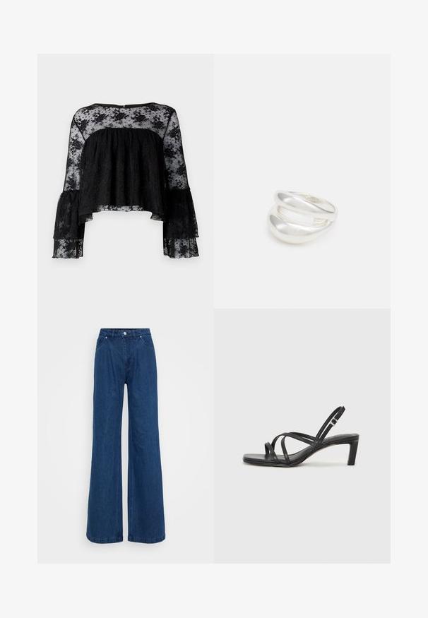 Melnas blūzes ar garām zvanu piedurknēm, ar teksturētu ribu augšu un caurspīdīgu ziedu mežģīņu pārlikni. Apaļais dekoltē un aizdare ar pogu aizmugurē.; Platas kājas zila denim bikses ar augstu jostasvietu, priekšējo pogu un slēgšanu ar rāvējslēdzēju, kā arī priekšējām un aizmugurējām kabatām uz vienkārša fona.; Melnas strappy sandales ar kvadrātveida purngaliem un zemu bloku papēdi. Ievērojamas ar vairākiem plāniem siksniņām un regulējamu potītes siksniņu. Izgatavotas no gludas ādas.; Sudraba divu joslu gredzens ar gludu, pulētu virsmu. Iezīmējas ar plūstošu, izliekta dizaina struktūru ar pārklājošām sekcijām modernam izskatam.