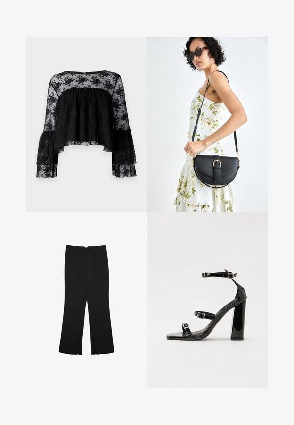 Črna bluzica z dolgimi zvonastimi rokavi, ki ima teksturirano rebrasto telo in prosojni cvetlični čipkast prekrivni sloj. Okrogla izrezana vrata in zapiranje na gumb na hrbtni strani.; Črne hlače ravnega kroja z naglavnimi žepi in stranskimi razporki na robu. Narejene iz mehke, gladke tkanine. Primerne za različne priložnosti.; Črne lakirane sandale s peto, kvadratnim prstom, trakovi okrog gležnja in srebrnimi zaponkami. Opremljene so s stabilno Debelo peto.; Črna usnjena torbica s ukrivljeno obliko, z odstranljivo naramnico in zlatimi dodatki. Torbica ima pokrov s podrobnostmi v obliki zaponke.
