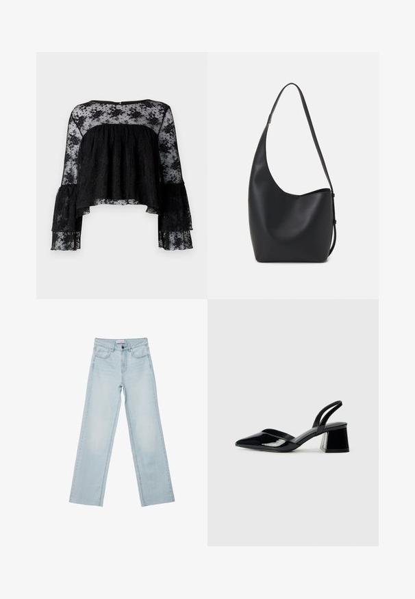 Blusa nera con maniche a campana lunghe, caratterizzata da un corpino a coste testurizzate e un soprabito in pizzo floreale trasparente. Collo tondo e chiusura con bottoni sul retro.; Jeans a gamba larga di colore blu chiaro realizzati in denim. Presentano cinque tasche, un bottone sul davanti e dettagli sbiaditi. Taglio dritto classico con vestibilità ampia.; Décolleté in vernice nera con punta affusolata e tacco in geometria cubica. Presentano un design elegante e minimalista, con una texture liscia.; Borsa hobo nera in pelle con una superficie liscia, forma curvata e una singola tracolla regolabile; presenta un'ampia apertura nella parte superiore.