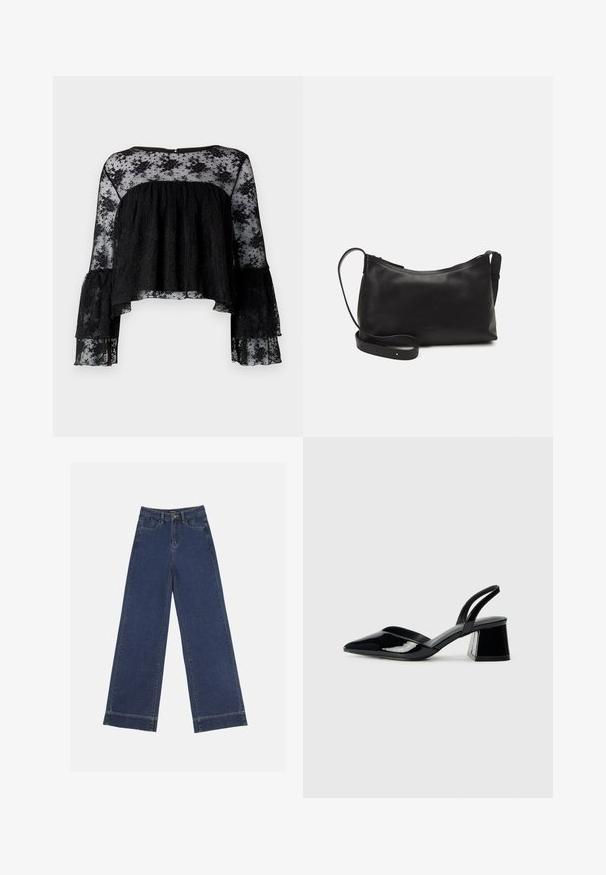 Black blouse with long bell sleeves, featuring a textured ribbed bodice and sheer floral lace overlay. Rounded neckline and back button closure.; Wide-leg jeans in dark blue denim. Features five pockets, belt loops, and a raw hem at the bottom with visible stitching details.; Black patent leather slingback heels with a pointed toe and a geometric block heel. Features a sleek, minimal design and smooth texture.; Black leather shoulder bag with a smooth texture, curved shape, adjustable strap, and a zip closure. Minimalist design without embellishments.