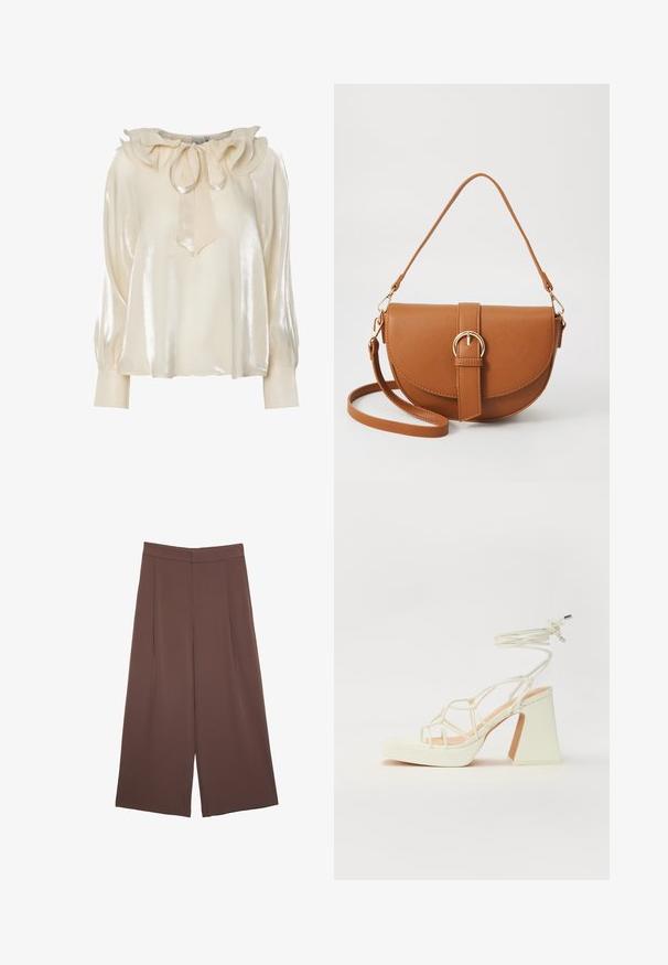 Svijetla krem bluzica s satenskim sjajem, s volanima na izrezu, detaljem mašne i dugim, prilagođenim rukavima s nabranim manžetama.; Smeđe hlače širokog kroja s glatkom teksturom, koje imaju visok struk i nabore sprijeda. Tkanina je lagana i slobodno se kreće.; Bijela sandala na visokoj potpetici s debelim petom, s remenom i vezanjem oko gležnja. Glatka tekstura s platformom sprijeda za dodatnu visinu.; Smeđa kožna torba preko tijela s zakrivljenim oblikom, zlatnim metalnim detaljima i naglaskom na kopču. Ima odvojivu naramenicu.