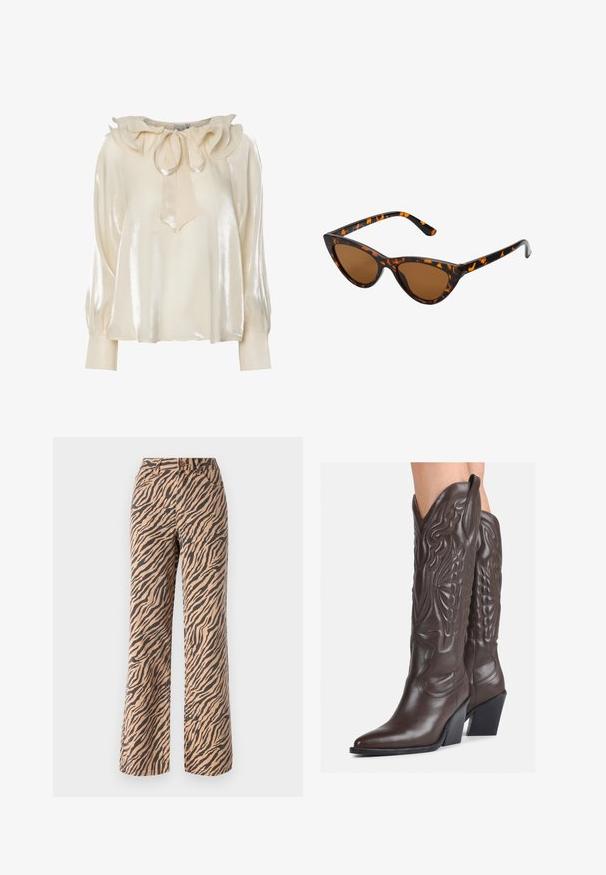 Blouse crème clair avec un éclat satin, encolure froncée, détail nœud, et manches longues ajustées avec des poignets froncés.; Pantalons à jambes larges avec un motif rayé tigre dans des nuances de marron et de noir, dotés d'une taille standard et d'un design à cinq poches.; Bottes de cowboy en cuir marron avec un bout pointu et un talon bloc, présentant des coutures détaillées et des accents en relief sur la tige.; Lunettes de soleil style œil de chat avec une monture en écaille de tortue noire et orange, verres marron et pointes effilées et élégantes. Présente un logo minimaliste sur la branche.; Petit sac à main crème avec une finition texturée, une longue sangle réglable, un accent en chaîne et une fermeture à rabat. Détails en matériel doré.