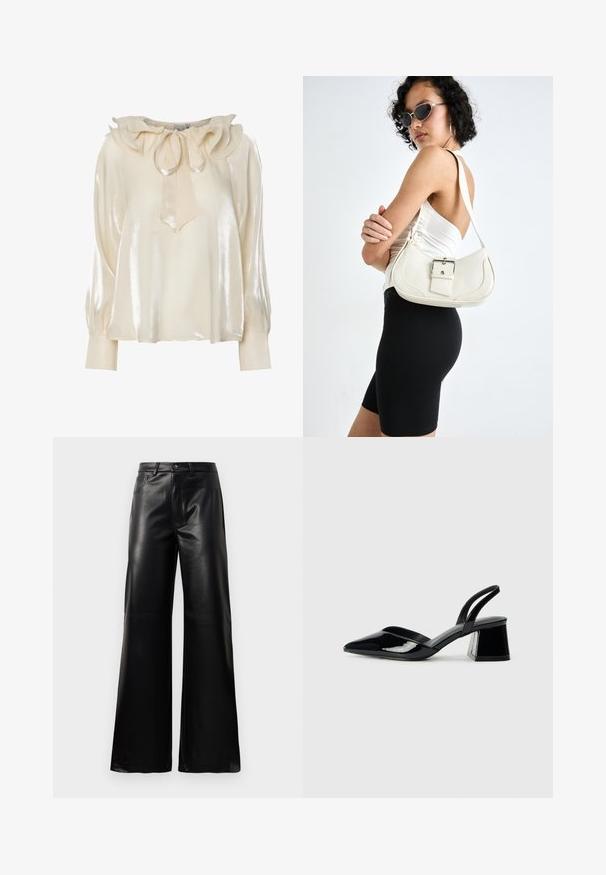 Light cream blouse with a satin sheen, ruffled neckline, bow tie detail, and long, fitted sleeves with gathered cuffs.; Black high-waist wide-leg faux leather pants with front button, zip closure, belt loops, and side pockets on white background.; Black patent leather slingback heels with a pointed toe and a geometric block heel. Features a sleek, minimal design and smooth texture.; White leather handbag with a curved shape, adjustable strap, and a small buckle detail. Model wears a fitted black outfit.