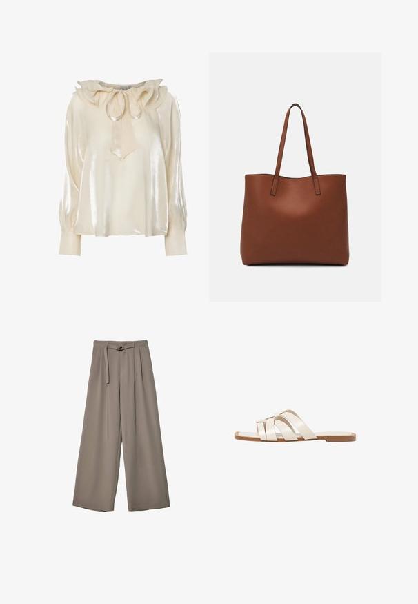 Hellcreme Bluse mit satinartigem Glanz, Rüschenkragen, Schleifen-Detail und langen, figurbetonten Ärmeln mit gerafften Manschetten.; Weite Hose aus einem weichen, gedämpften grauen Stoff, mit einem taillierten Bund und Falten für zusätzliche Design-Details. Glatte Textur, keine Muster.; Flache Sandalen mit einer honigfarbenen Gummisohle, gestaltet mit drei überlappenden weißen Lederriemen und einem kleinen Schleifendetail in der Mitte.; Braune Leder-Tote mit glatter Textur, offenem Oberteil und zwei Schulterriemen. Verfügt über minimale Nähte und keine sichtbaren Beschläge.