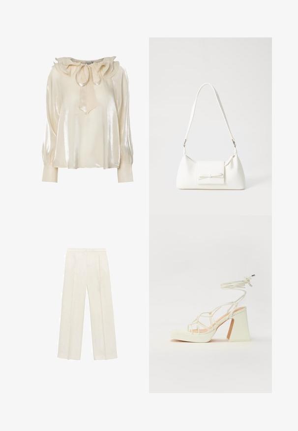 Bluză ușor crem cu un luciu de satin, decolteu volanat, detaliu cu fundă și mâneci lungi, ajustate, cu manșete plisate.; Pantaloni cu picioare largi, de culoare crem deschis. Realizați dintr-un material neted, cu plisuri în față și buzunare laterale.; Sandale albe cu toc înalt și gros, cu un design cu curele și legătură la gleznă. Textură netedă, cu o platformă frontală pentru înălțime suplimentară.; Geantă sintetică albă, cu formă triangulară, capac frontal plat și detaliu cu fundă, curea ajustabilă, textură netedă și design minimalist.