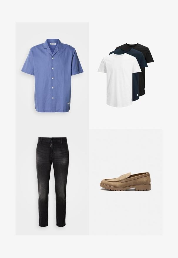 Košulja kratkih rukava, svijetloplava, napravljena od lana, s kragnom u stilu kampa, prednjim gumbima i malom oznakom na bočnom rubu. Glatka tekstura.; Tri kratka rukava majice u bijeloj, tamnoplavoj i crnoj boji. Napravljene od pamuka, s okruglim izrezom i ravnim rubom. Jednostavan dizajn, bez uzoraka.; Crne traperice ravnog kroja, s kopčanjem na gumbe, pet džepova i suptilnim blijeđenjem u teksturi tkanine.; Smešani mokasini od suedenog materijala u boji mesa s zaobljenim vrhom, ravnim gumenenim đonom i dekorativnim šavovima na gornjem dijelu. Imaju jednostavan dizajn koji omogućava nošenje bez vezivanja.