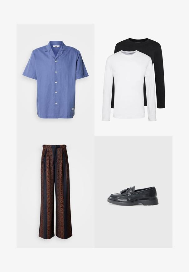 Kurzärmliges, hellblaues Hemd aus Leinen mit Umlegekragen, vorderen Knöpfen und einem kleinen Etikett am Seitensaum. Glatte Textur.; Zwei Langarmshirts, eines schwarz und eines weiß, aus Baumwolle mit Rundhalsausschnitten und glatter Textur, in einer gestapelten Anordnung präsentiert.; Weite Hosen aus dunkelblauem Stoff mit einem aufwendigen orangen geometrischen Muster, mit gefaltetem Vorderteil und einem taillierten Bund.; Schwarze Leder Slipper mit abgerundeter Spitze, einem Riemen mit Quasten und einer dicken Sohle mit einem Profilmuster. Glatte Textur und klassisches Design.