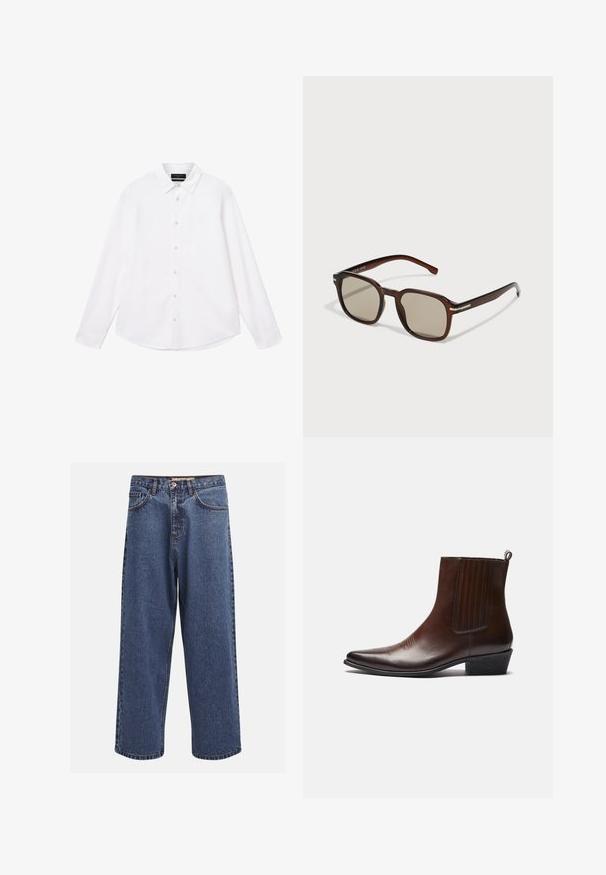 Chemise blanche à manches longues avec un col classique et une fermeture à boutons, dotée d'une texture lisse et d'un logo subtil sur la poitrine.; Jeans en denim bleu à large jambe avec une finition délavée, dotés d'une fermeture à boutons, de cinq poches et de surpiqûres contrastantes le long des coutures.; Bottine en cuir marron avec un bout pointu, des panneaux latéraux élastiques, des détails texturés sur le devant et un petit talon empilé.; Lunettes de soleil rectangulaires marron avec des verres teintés, monture en plastique et accents métalliques sur les côtés. Présente un design épuré et une texture lisse.